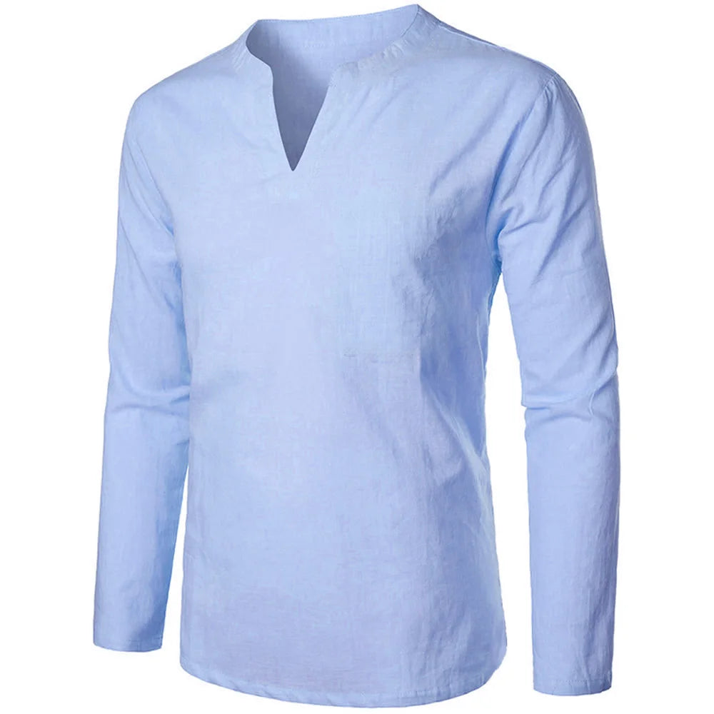 Camisa masculina de algodão e linho, manga comprida, gola V, slim, cor sólida, casual