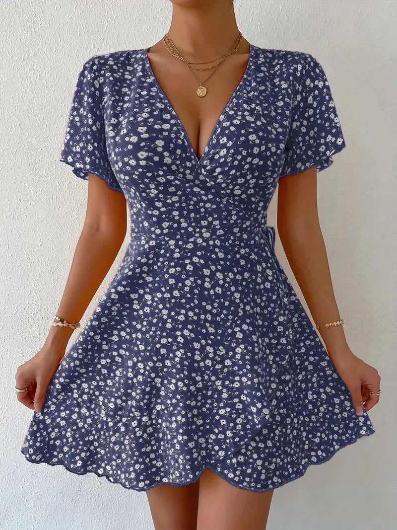 Vestido curto feminino estampado, verão, decote em V, manga curta