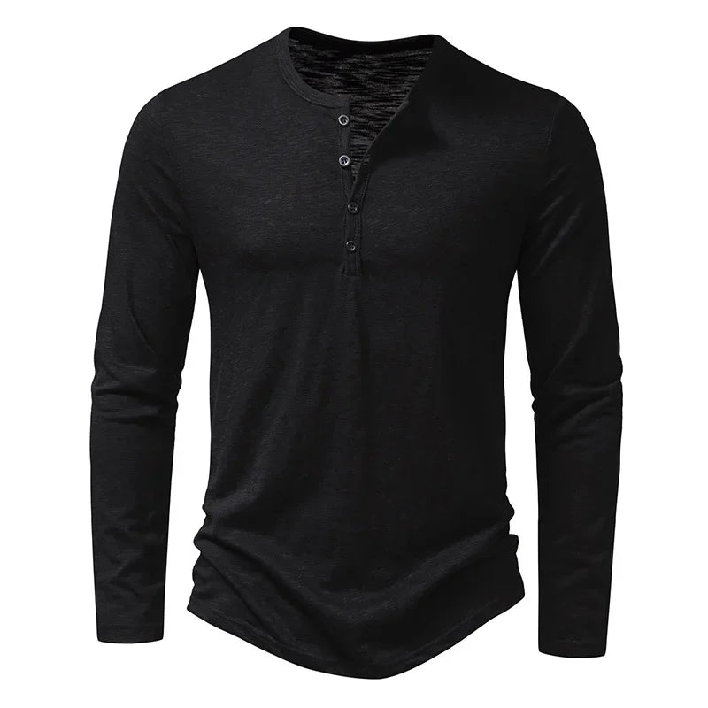 Camiseta masculina de algodão com botões, manga comprida, gola Henley, casual, cor sólida, respirável, versátil, fashion, slim