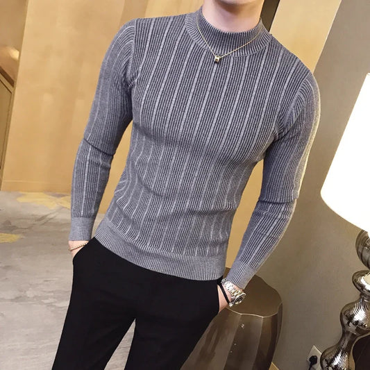 Men's Pullover Sweaters 2025 Korean Casual Striped Solid Sweater Men Half High Collar Stretch Tight Sweater Slim Fit Knit Tops