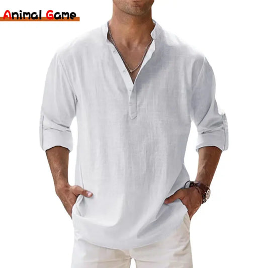 Novas camisas Henley masculina de algodão e linho, camisas casuais, leves, manga comprida