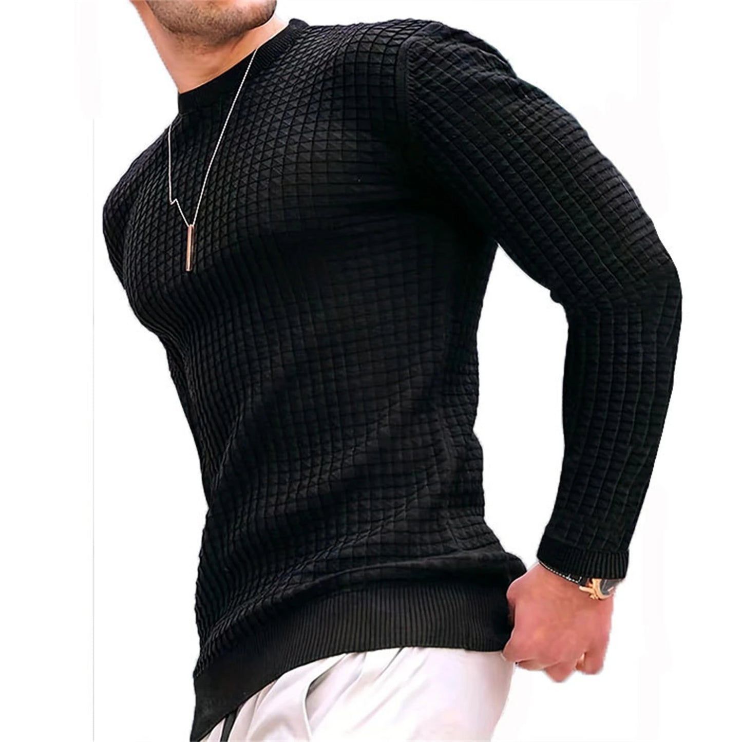 Casaco masculino da moda, xadrez, gola redonda