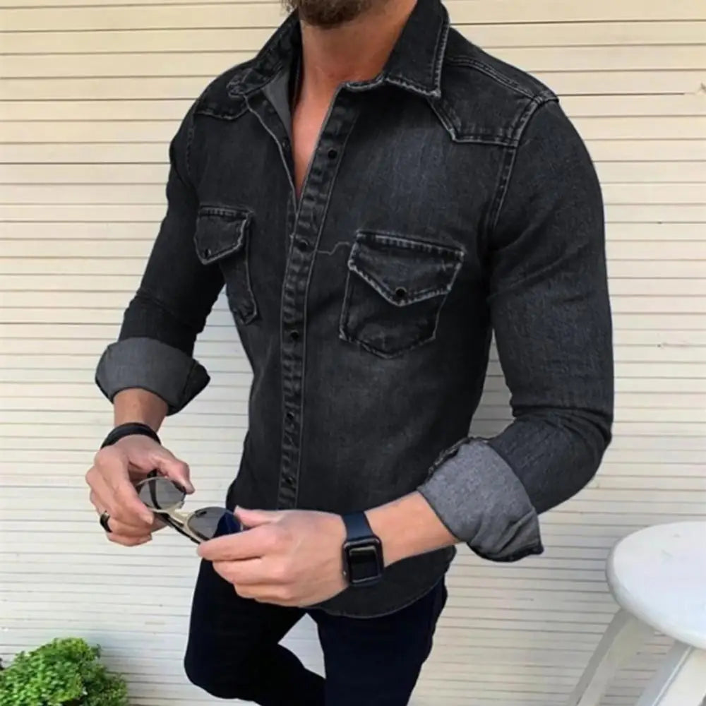 Camisas jeans masculinas de manga comprida, camisas casuais de abotoamento simples