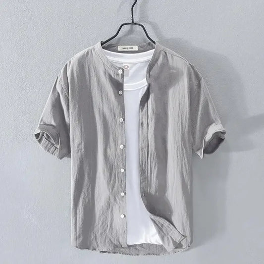 Camisa de linho masculina, manga curta, gola alta, ajuste solto, primavera/verão, leve, casual