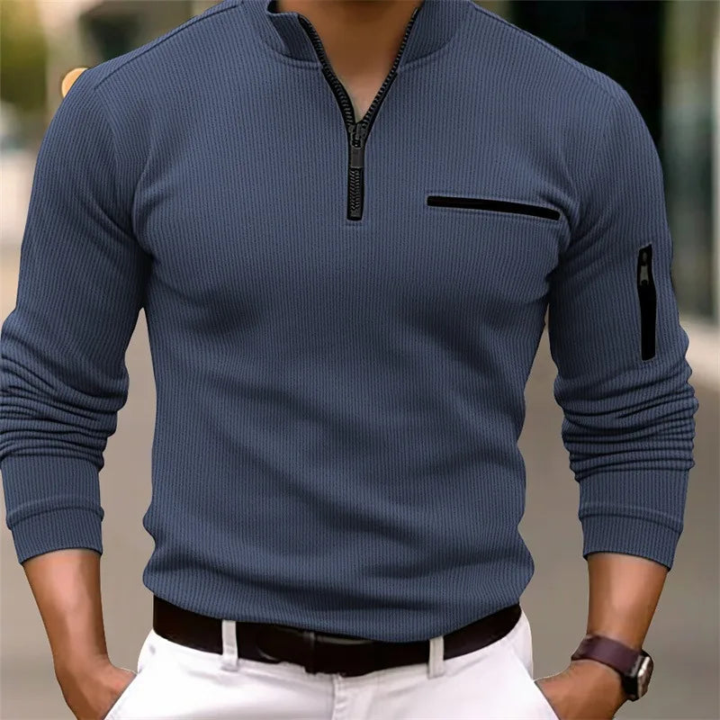Camisa polo leve luxuosa masculina, esportiva, estilo retrô, listrada, com zíper, manga longa
