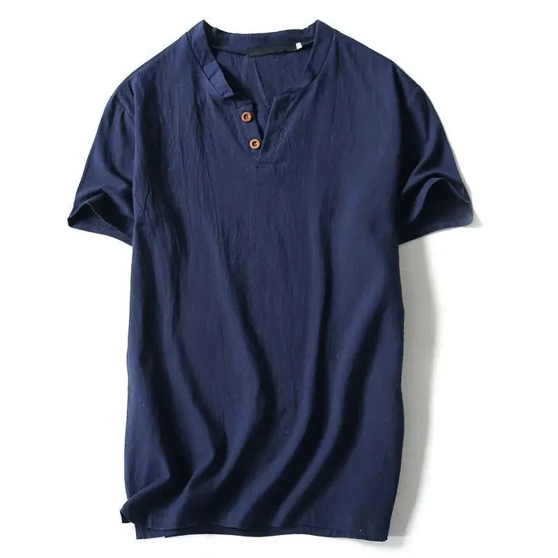 Camiseta masculina de linho, manga curta, verão, cor sólida, decote em V, versátil