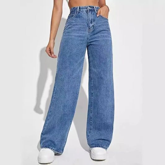 Calça jeans azul retrô da moda feminina, modelo Y2K, calça reta larga de cintura alta
