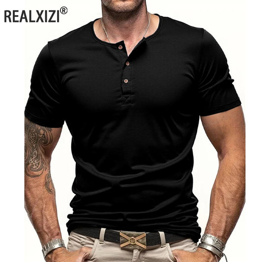 Camiseta masculina de manga curta com gola Henley, cor sólida, corte slim, gola com botão, camiseta casual e aconchegante, moda urbana