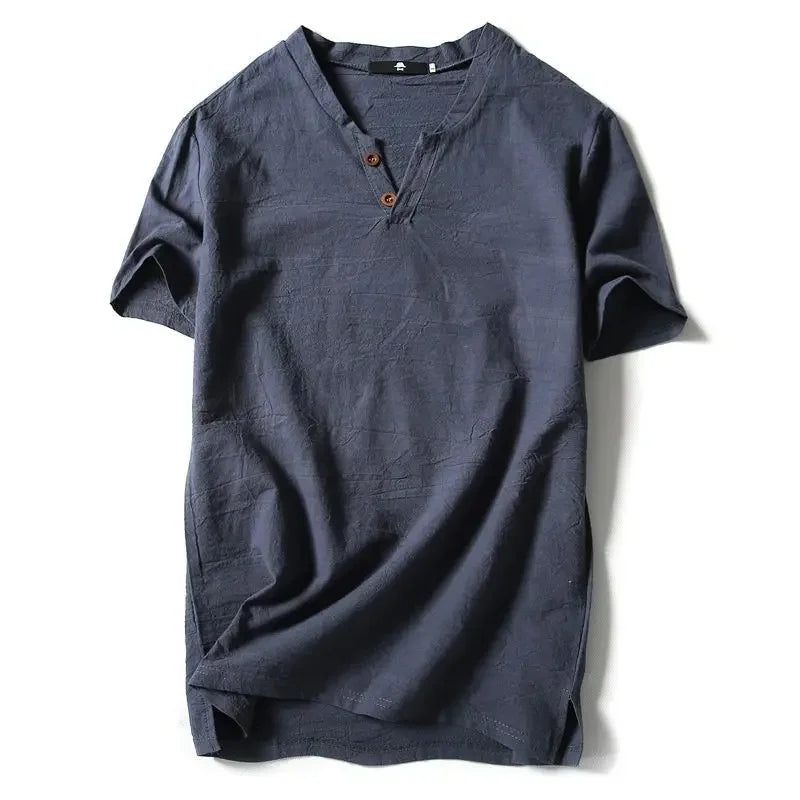 Camiseta masculina de linho, manga curta, verão, cor sólida, decote em V, versátil
