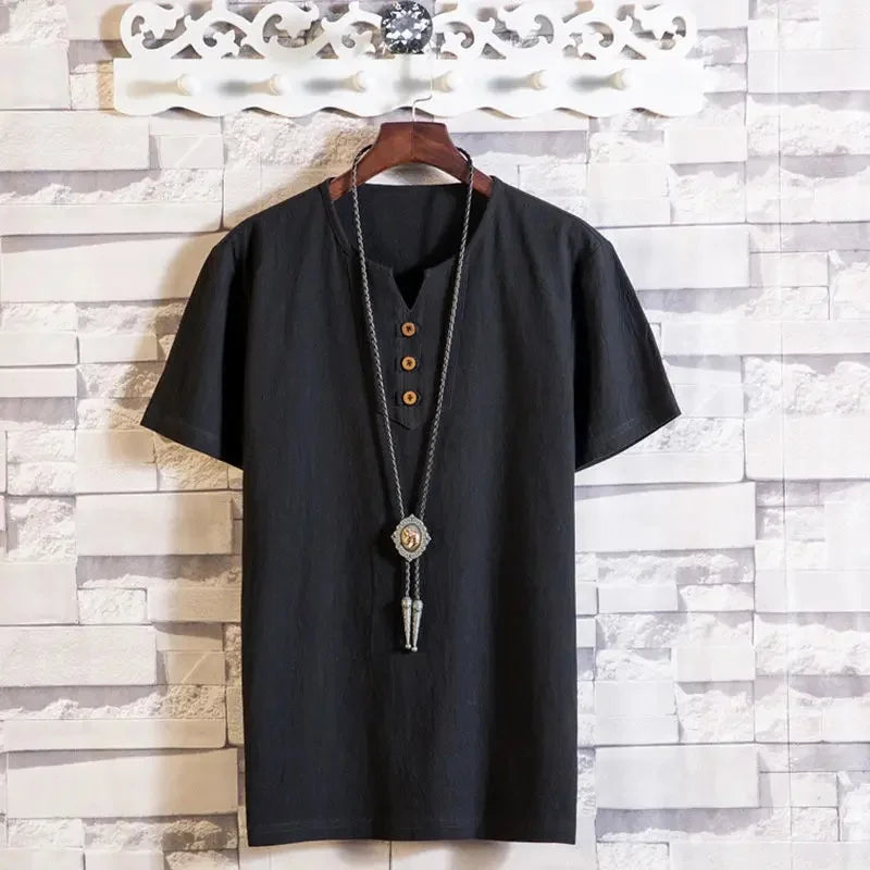 Camiseta masculina de linho, manga curta, verão, cor sólida, decote em V, versátil