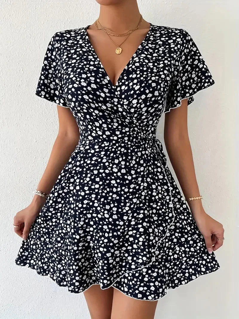 Vestido curto feminino estampado, verão, decote em V, manga curta