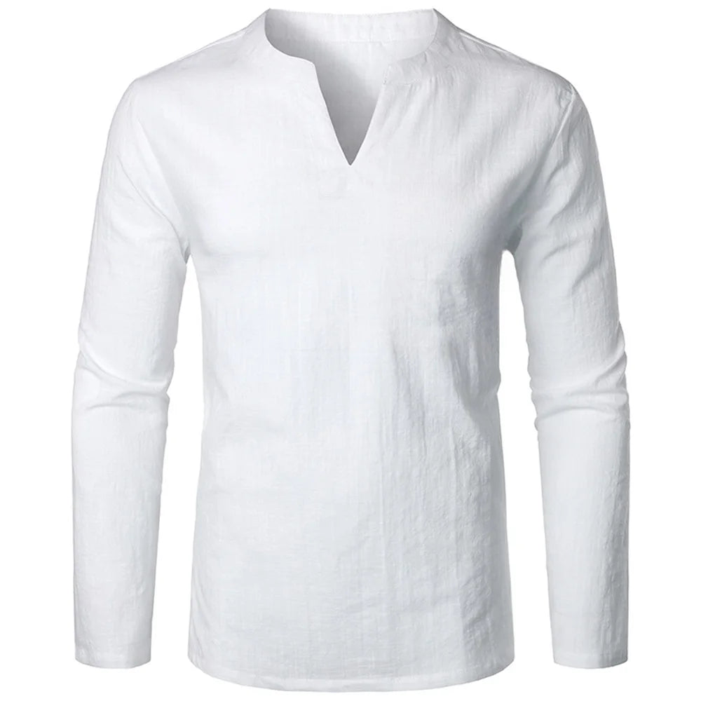 Camisa masculina de algodão e linho, manga comprida, gola V, slim, cor sólida, casual