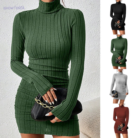 Vestido de malha feminino  outono inverno gola alta manga comprida