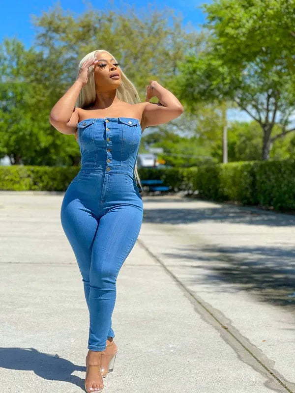 Macacão jeans elástico feminino sem alças justo azul macacão casual