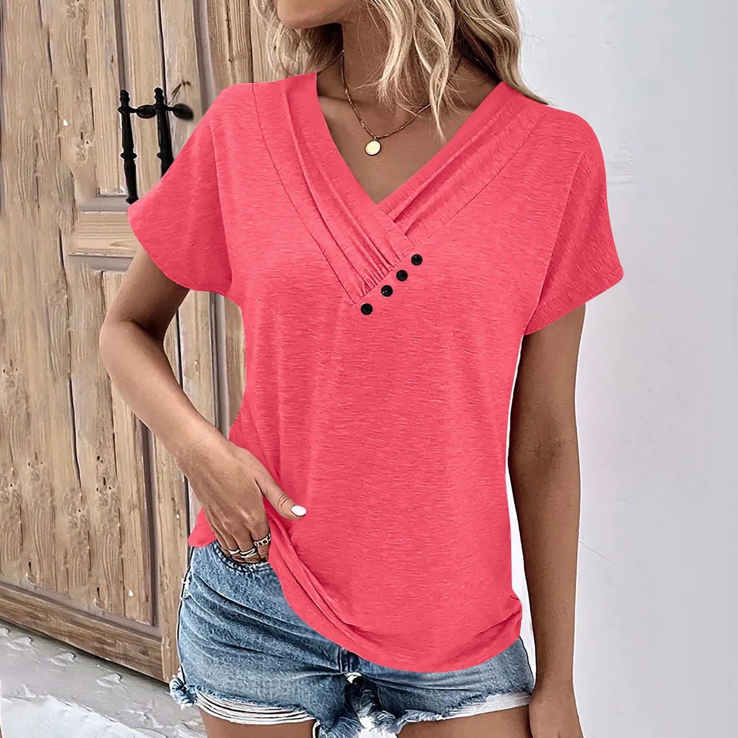 Camiseta feminina da moda, cor sólida, gola V, manga curta, básica, moda urbana, verão