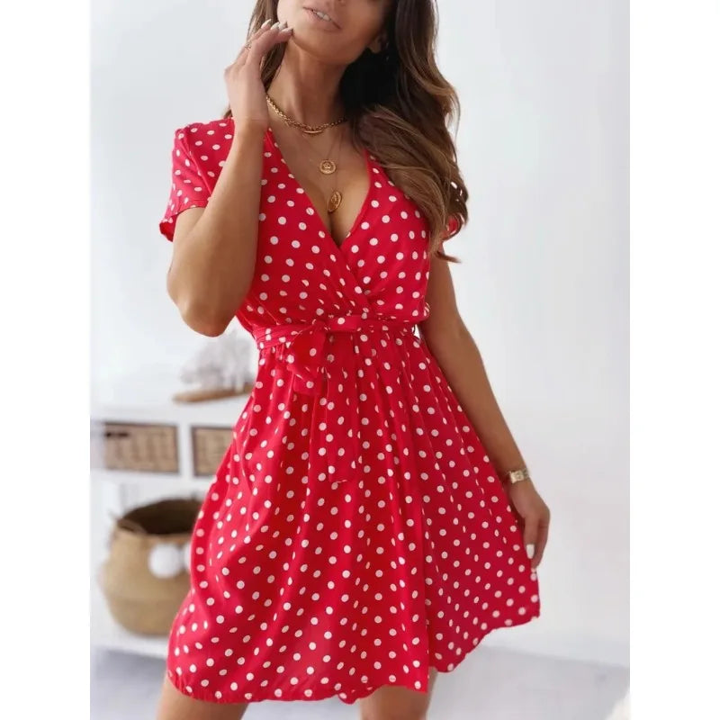 Vestido casual feminino de verão com estampa de bolinhas mangas curtas
