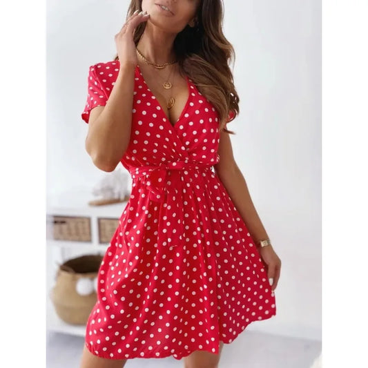 Vestido casual feminino de verão com estampa de bolinhas mangas curtas