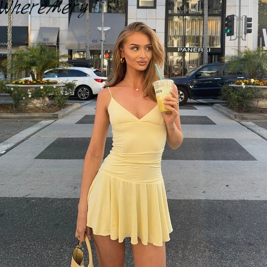 Vestido casual WhereMery, liso, ombro de fora, decote em V, AMARELO