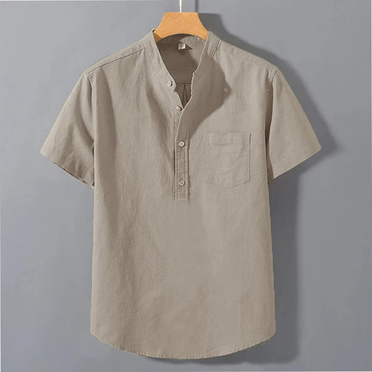 Camiseta masculina de verão, manga curta, cor sólida, com design de bolso, botões, uso diário, estilo simples e confortável