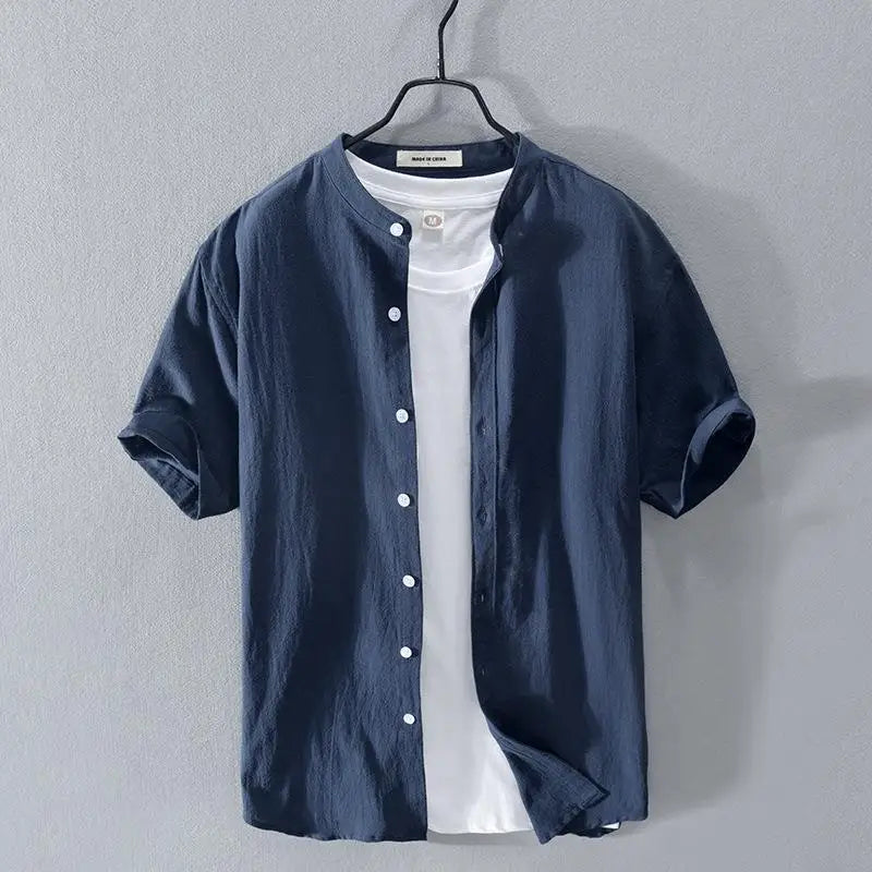 Camisa de linho masculina, manga curta, gola alta, ajuste solto, primavera/verão, leve, casual