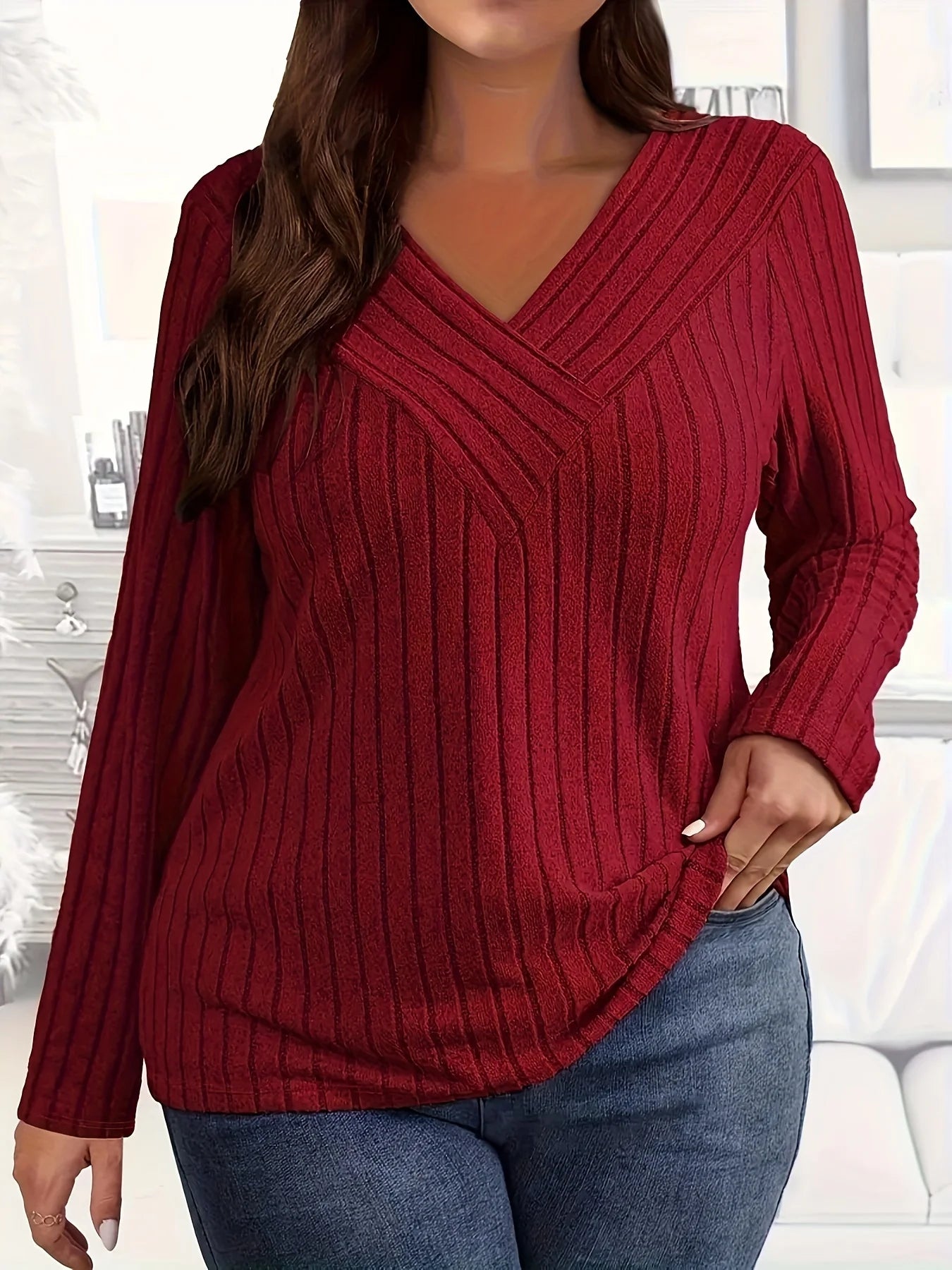 Camiseta feminina casual elegante plus size, manga comprida