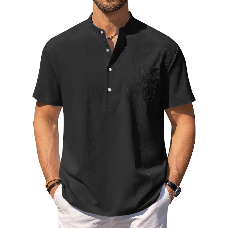 Camisa masculina Henley casual de manga curta, camisas leves, com gola listrada, com bolso