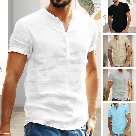 Camiseta masculina de manga curta, nova, de cor sólida, de algodão e linho, respirável