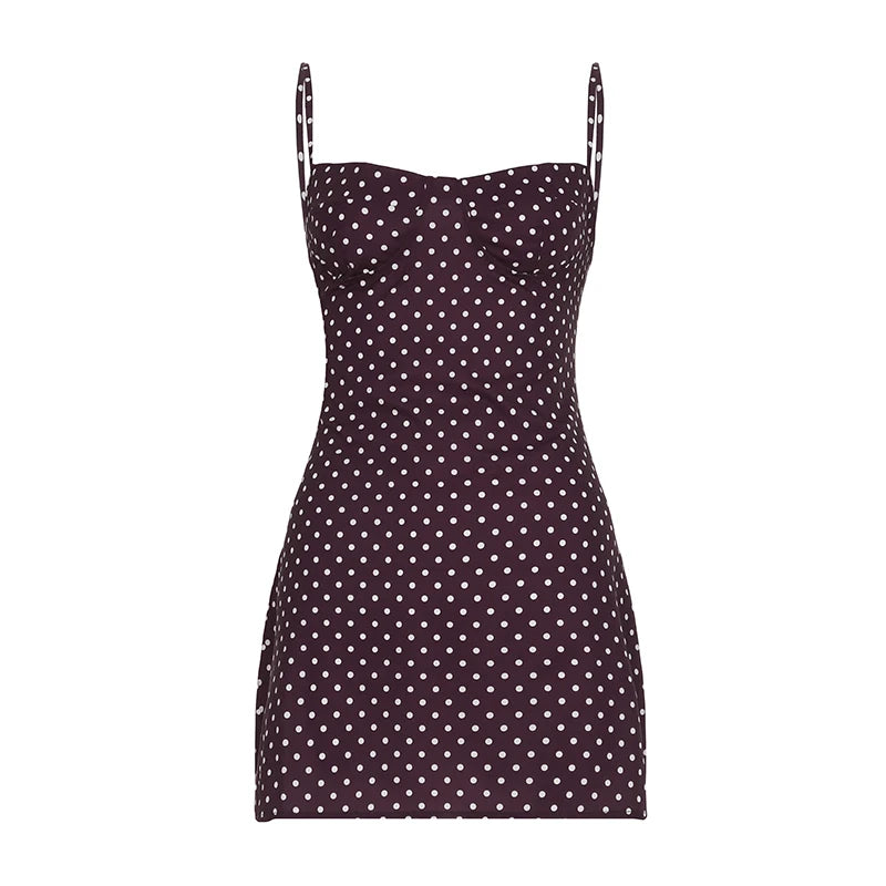 Vestido básico casual com estampa de bolinhas, decote canoa, sem mangas, minivestido feminino marrom, moda verão 2025