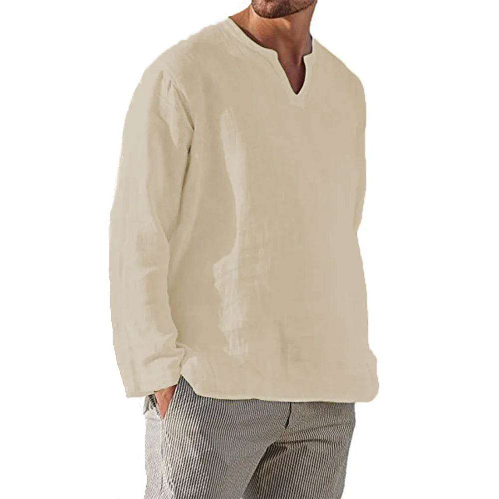 Camisa masculina de algodão e linho, cor sólida, aconchegante, manga comprida, respirável, casual de verão com decote em V