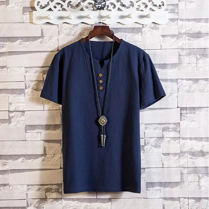 Camiseta masculina de linho, manga curta, verão, cor sólida, decote em V, versátil