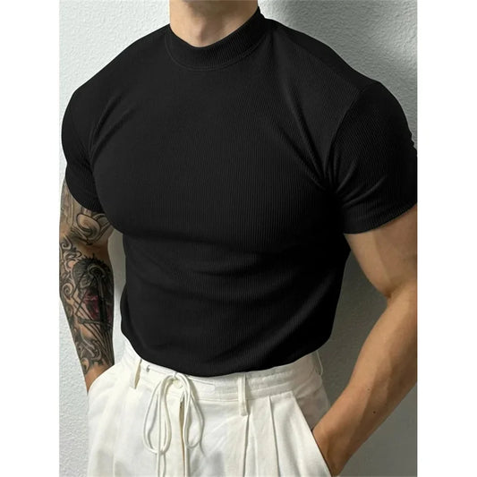 Camiseta masculina elástica confortável primavera verão, listrada de gola alta, manga curta
