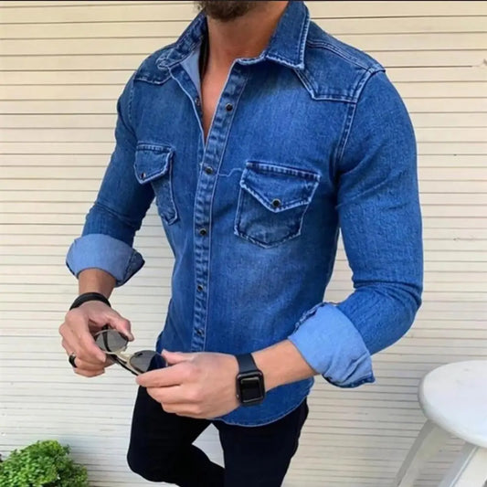 Camisas jeans masculinas de manga comprida, camisas casuais de abotoamento simples