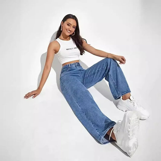 Calça jeans azul retrô da moda feminina, modelo Y2K, calça reta larga de cintura alta