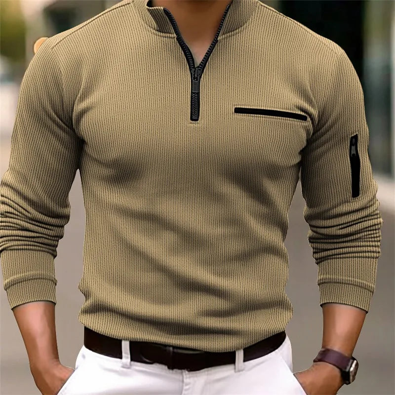 Camisa polo leve luxuosa masculina, esportiva, estilo retrô, listrada, com zíper, manga longa