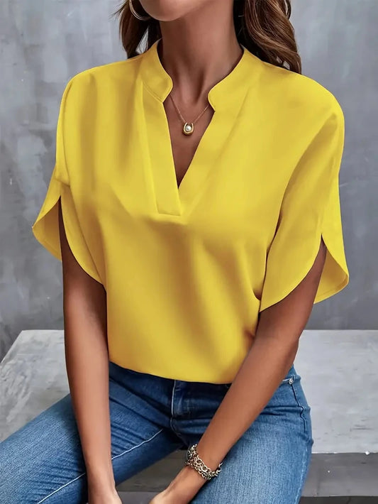 Blusa feminina elegante de chiffon liso primavera verão casual manga comprida gola V camisa solta túnica feminina