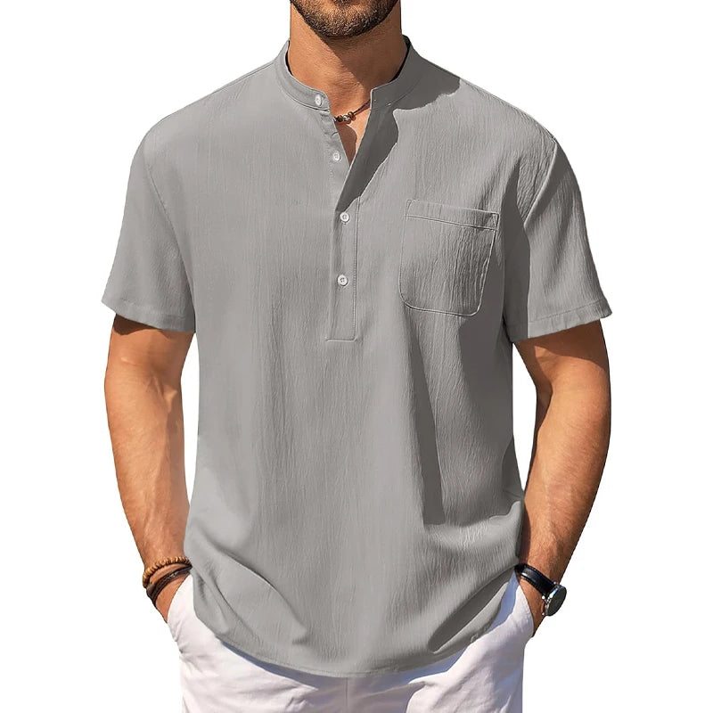 Camisa masculina Henley casual de manga curta, camisas leves, com gola listrada, com bolso