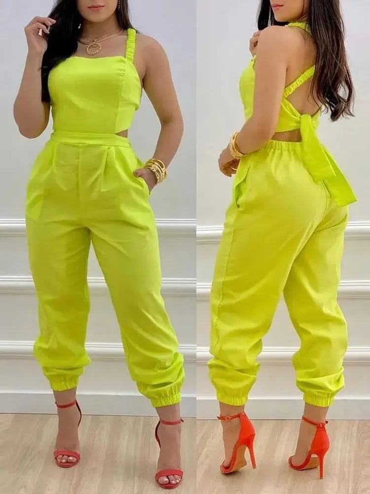 Novo macacão sem mangas estampado da moda de verão, vazado, sem costas, com cadarço, longo, elegante, casual, com bolso
