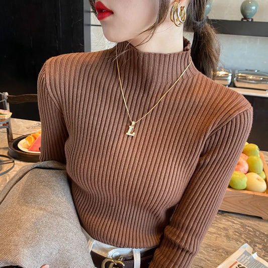 Suéter de malha feminino de inverno com manga comprida e gola falsa, pulôver, suéter de malha fina, blusas femininas da moda 2025