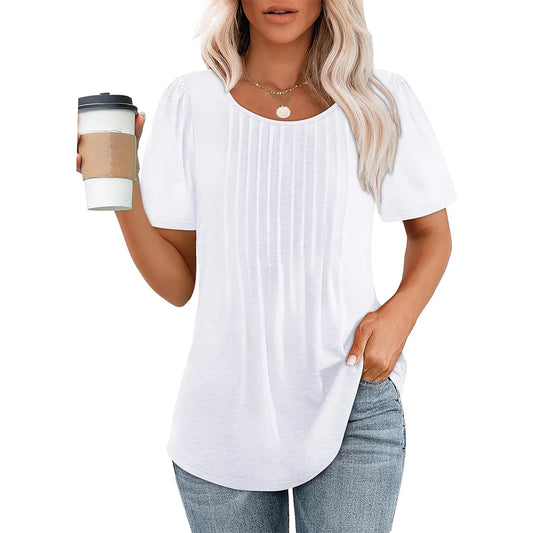 Camisetas femininas de manga curta, plissadas, elegantes, casuais, com decote redondo