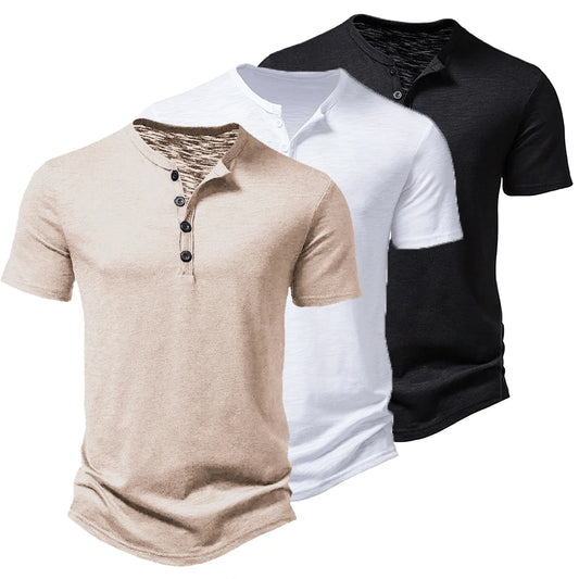 Camiseta básica masculina de verão, gola Henley, manga curta, casual masculino, respirável, streetwear, camiseta masculina