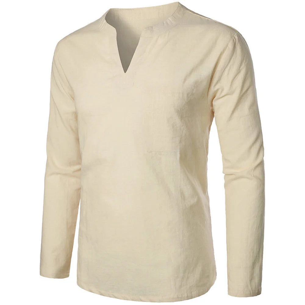 Camisa masculina de algodão e linho, manga comprida, gola V, slim, cor sólida, casual