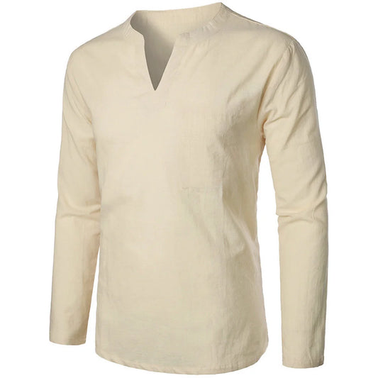 Camisa masculina de algodão e linho, manga comprida, gola V, slim, cor sólida, casual