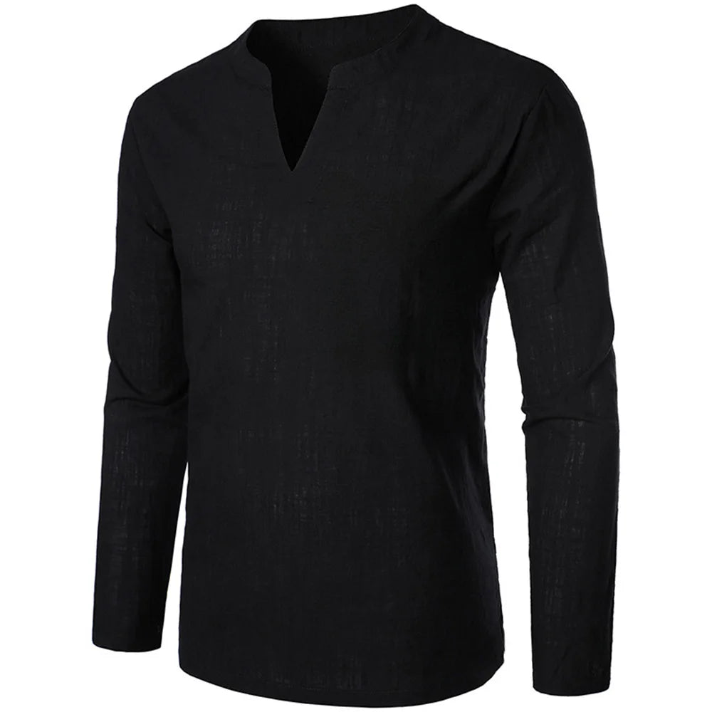 Camisa masculina de algodão e linho, manga comprida, gola V, slim, cor sólida, casual