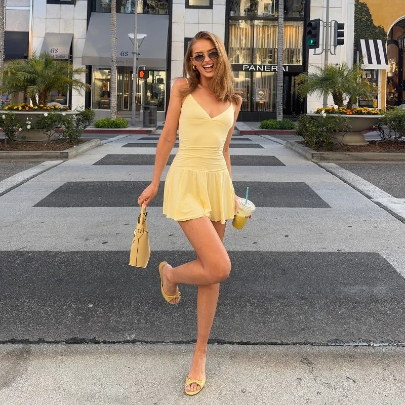 Vestido casual WhereMery, liso, ombro de fora, decote em V, AMARELO