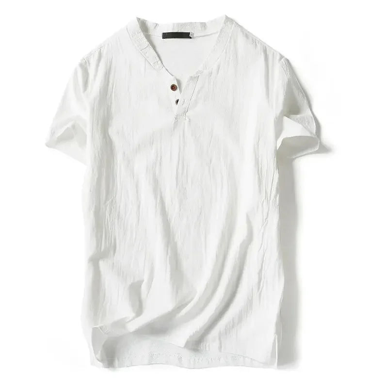 Camiseta masculina de linho, manga curta, verão, cor sólida, decote em V, versátil