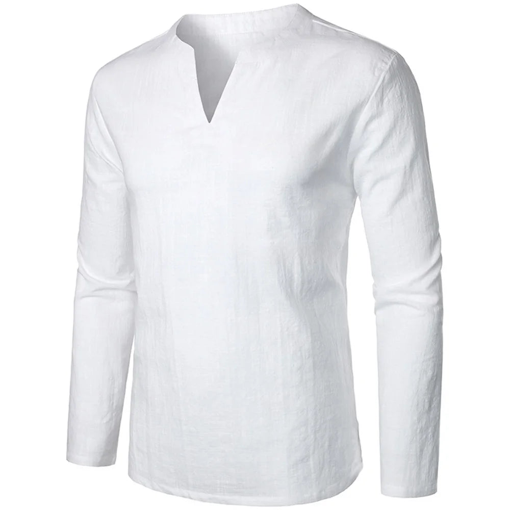 Camisa masculina de algodão e linho, manga comprida, gola V, slim, cor sólida, casual