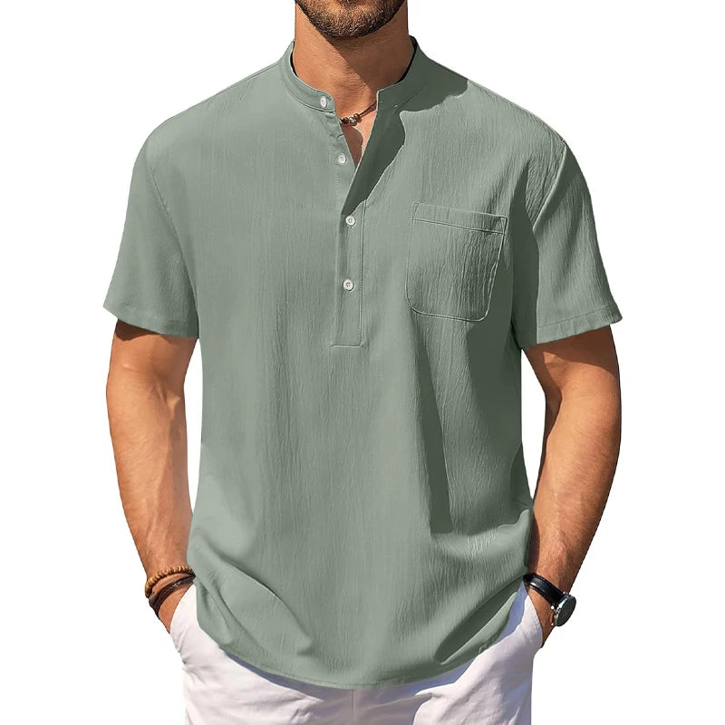 Camisa masculina Henley casual de manga curta, camisas leves, com gola listrada, com bolso