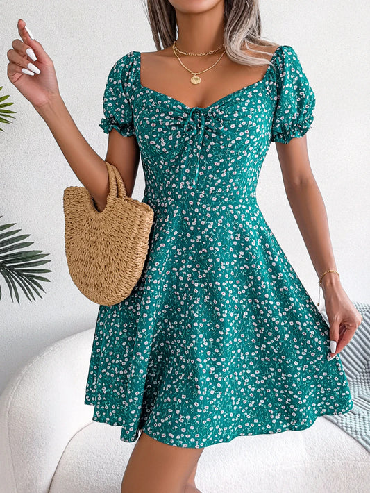 Vestido feminino casual com babados, manga curta, estampa floral