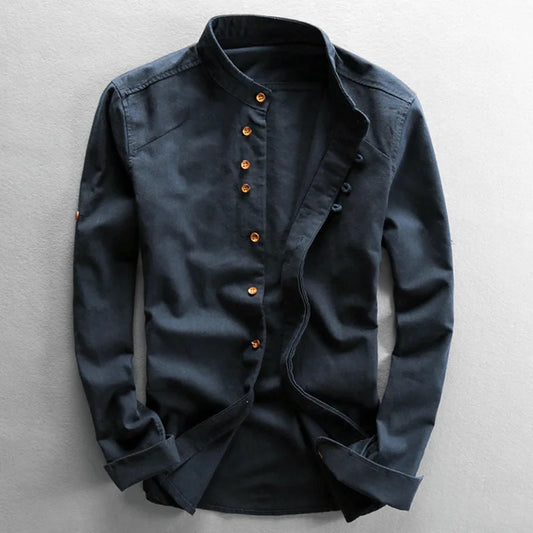 Camisa masculina de linho e algodão, gola alta, manga comprida, cor sólida, casual, respirável, clássica
