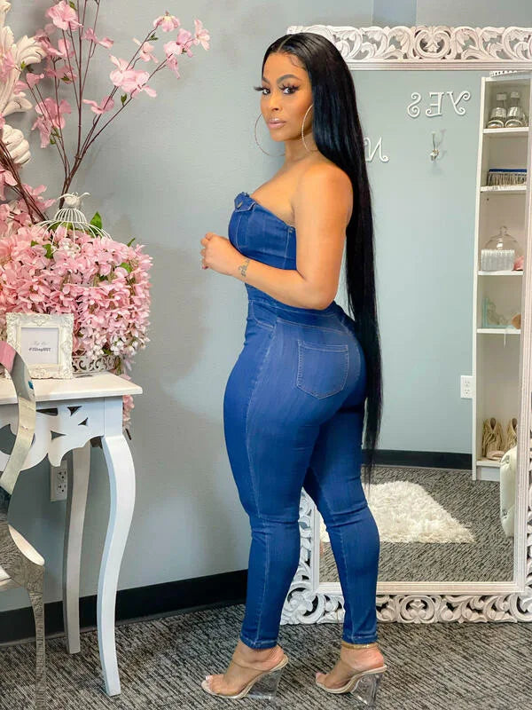 Macacão jeans elástico feminino sem alças justo azul macacão casual